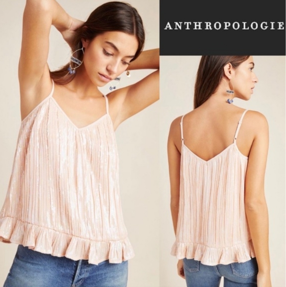 Anthropologie Amelie Pink/Peach Sequin V‎ Neck Ruffle Hem Cami Tank Top Size 18